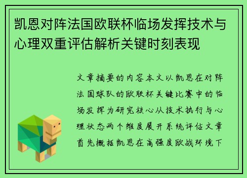 凯恩对阵法国欧联杯临场发挥技术与心理双重评估解析关键时刻表现